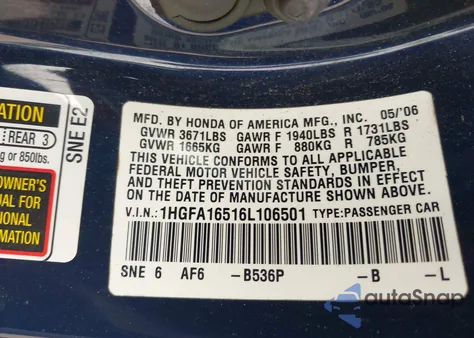 2006 Honda Civic Lx из США, поврежденный, VIN 1HGFA16516L106501